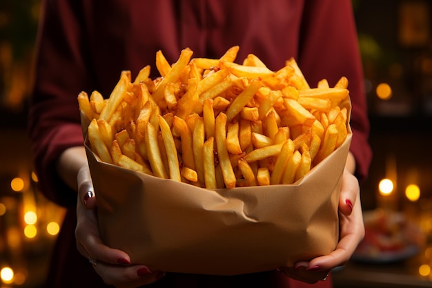 batatas fritas salgadas em sacos de papel comida rápida