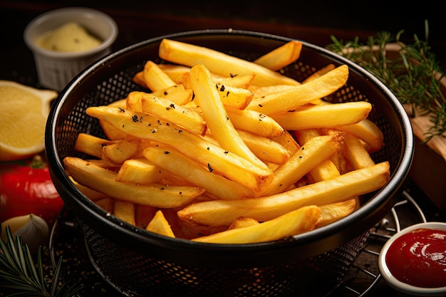 Batatas fritas sem óleo, mais saudáveis, em uma fritadeira de ar