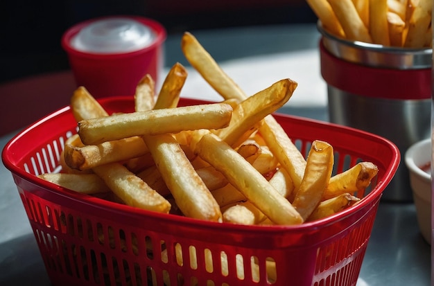 Foto batatas fritas servidas numa cesta de plástico vermelha numa refeição