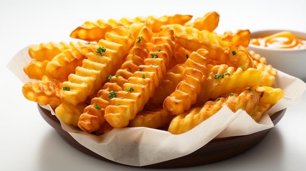 batatas fritas waffle em copos de pacote isolados no fundo branco