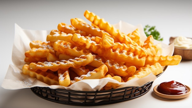 batatas fritas waffle em copos de pacote isolados no fundo branco