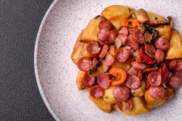 Foto batatas grelhadas cortadas em fatias com salsichas de caça com cebola de alho