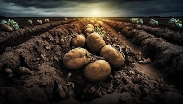 Batatas no solo em IA generativa de imagem realista de campo