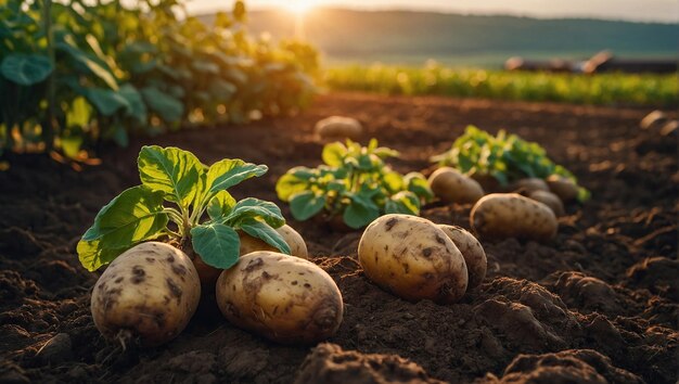 Batatas orgânicas frescas na quinta no campo a colher batatas do solo