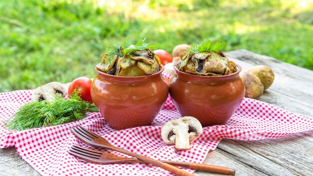 Batatas quentes com cogumelos em potes de barro com especiarias. na natureza.