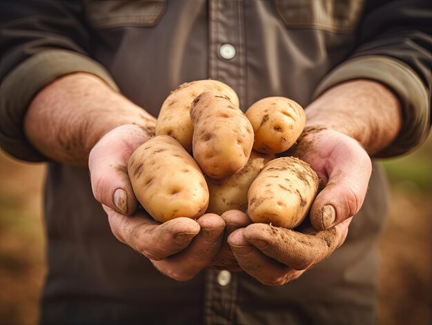 Batatas recentemente colhidas na mão do agricultor