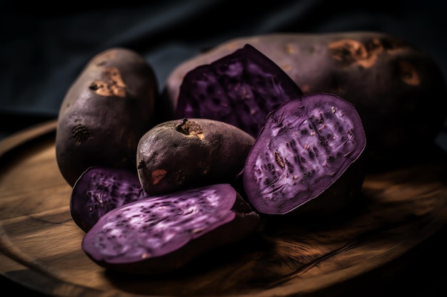 Batatas roxas em uma tábua de madeira