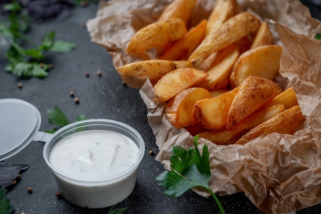 Batatas rústicas deliciosas crocantes em um fundo de pedra escura com molho cremoso. Restaurante fast food. Opção saudável de fast food.