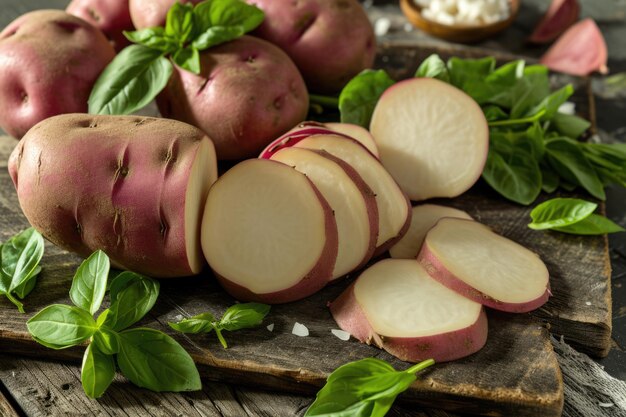 Foto batatas vermelhas em um fundo rústico