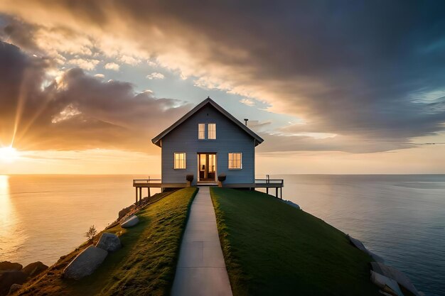 Foto batch-familie mit blick auf das meer und mit nervenweg zum sonnenuntergang. kreative ressource ai generiert