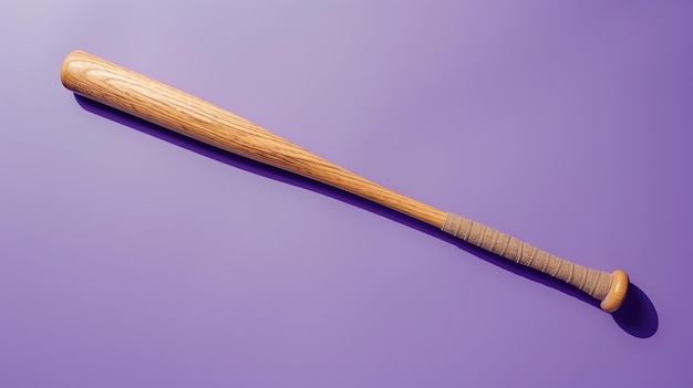 Un bate de béisbol de madera con una textura natural de grano de madera El bate está bien iluminado y situado contra un sólido fondo púrpura