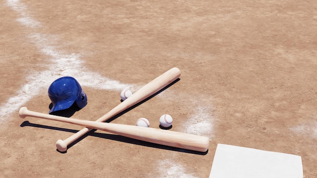 Bate de béisbol y pelota en la representación 3d de la base