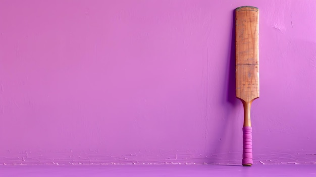 Foto un bate de cricket de madera está apoyado contra una pared rosada el bate es viejo y bien usado con una superficie raspada y raspada