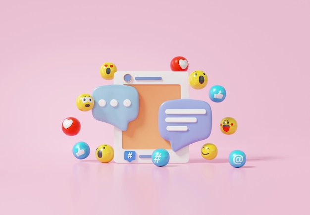 Bate-papo de bolha de moldura de foto Conceito de mídia social com coração emoji como sorriso flutuando no fundo rosa pastel conversa mensagem de bate-papo comunicação sms Desenho mínimo ilustração de renderização 3d