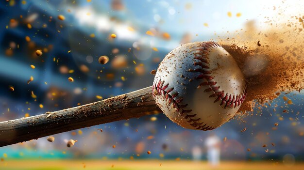 Foto el bateador golpea una pelota de béisbol con un bate de madera la pelota está volando por el aire hacia el campo