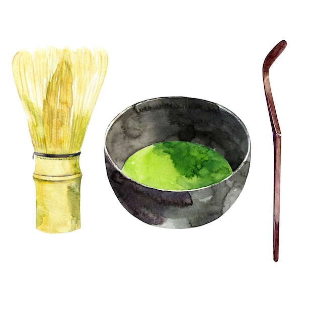 Batedor de bambu e chá matcha