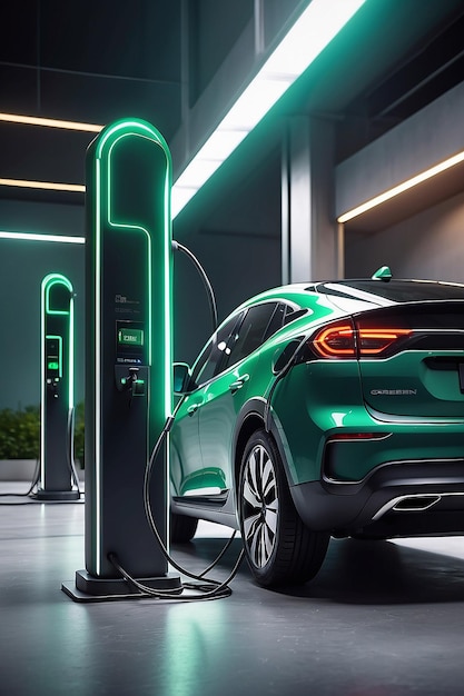 Batería de carga de automóviles eléctricos en la estación de carga de EV Energía verde energía generativa AI