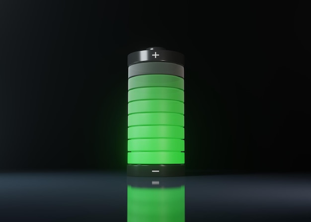 Foto bateria carregada com luz verde brilhante isolada sobre fundo preto renderização 3d ilustração