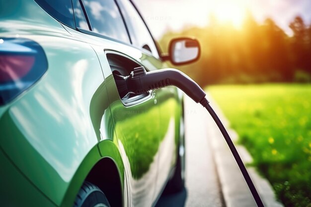 Batería de coche eléctrico cargando en la estación de carga con cable de alimentación enchufado Infraestructura para vehículos EV en la ciudad Desarrollo de energía verde para cero emisiones