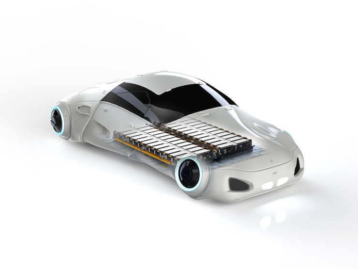 Foto batería de coche eléctrico con pack de módulo de celdas de batería en plataforma