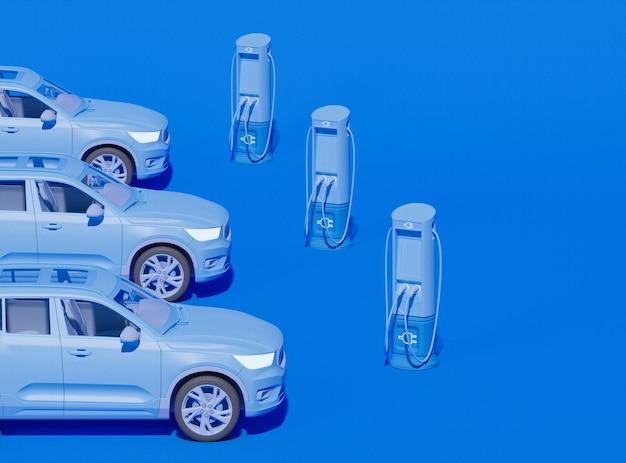 Bateria de carregamento do carro elétrico sobre fundo azul. fonte de alimentação para carregamento de carros elétricos. renderização 3d