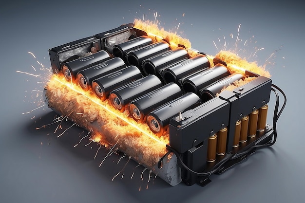 Foto bateria de carro elétrico explodindo catástrofe de renderização 3d
