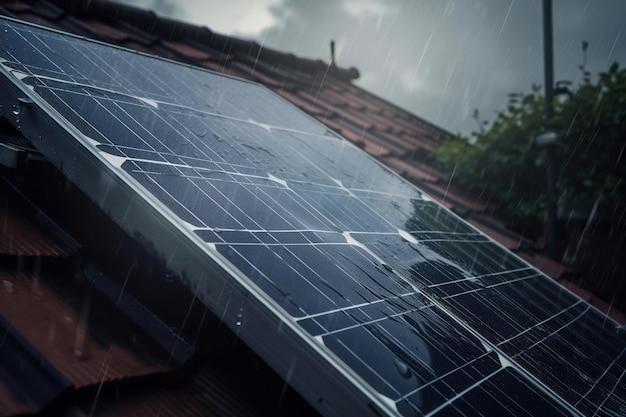 Bateria do painel solar no telhado da casa em um dia nublado e chuvoso Foco seletivo em close IA generativa