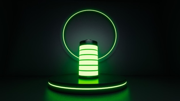 Bateria verde brilhando com sinais de mais e menos totalmente carregada no pódio preto com ilustração 3d de luzes de destaque verde