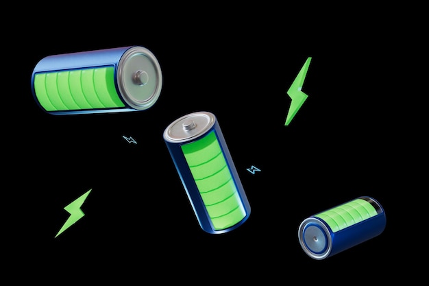 Baterías en las que se muestra el nivel de carga volando sobre una representación 3D de fondo negro