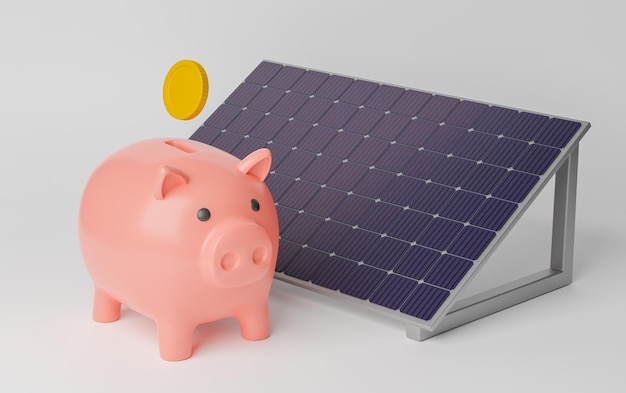 Baterias solares e um coelho com dinheiro Economizando dinheiro em energia solar 3d render