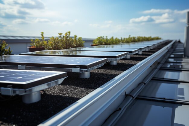 Foto baterias solares no telhado de um edifício moderno