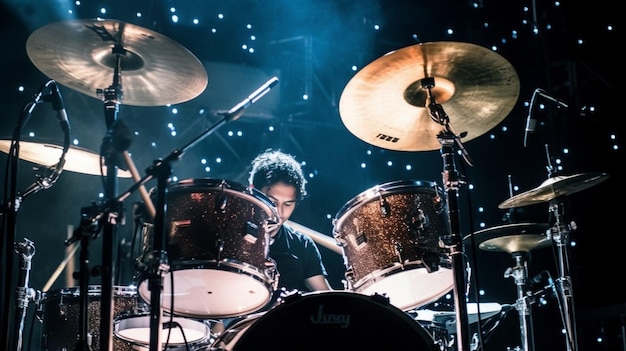 Un baterista tocando un kit de batería en el escenario Un primer plano de los tambores de placa en el fondo de la IA generativa