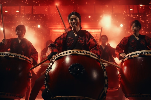 Bateristas japoneses tradicionais entregando um powerfu 00676 03