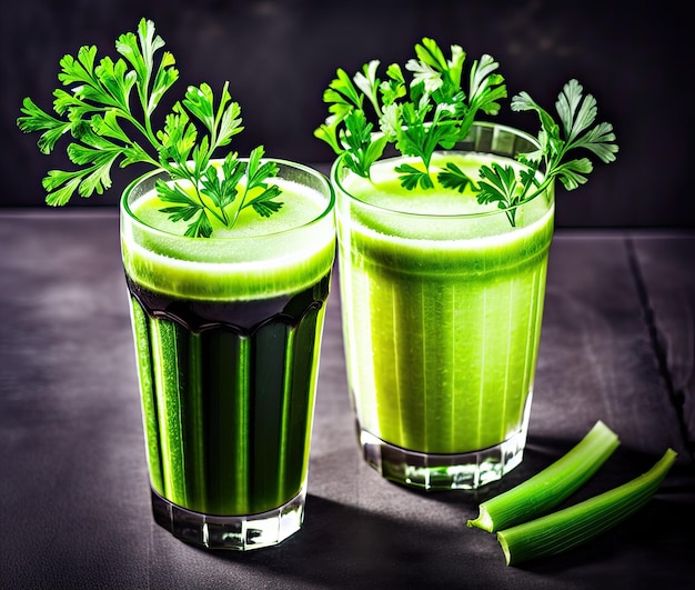 batido de apio verde con verduras frescas en la mesa de madera