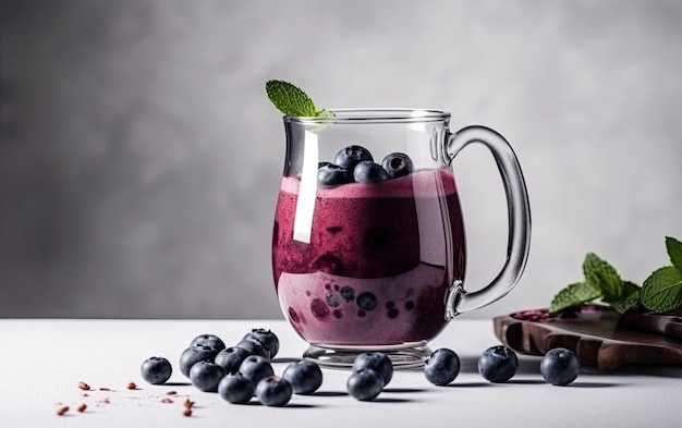 Batido de arándanos en frasco de vidrio con hojas de menta Jugo de arándanos con menta