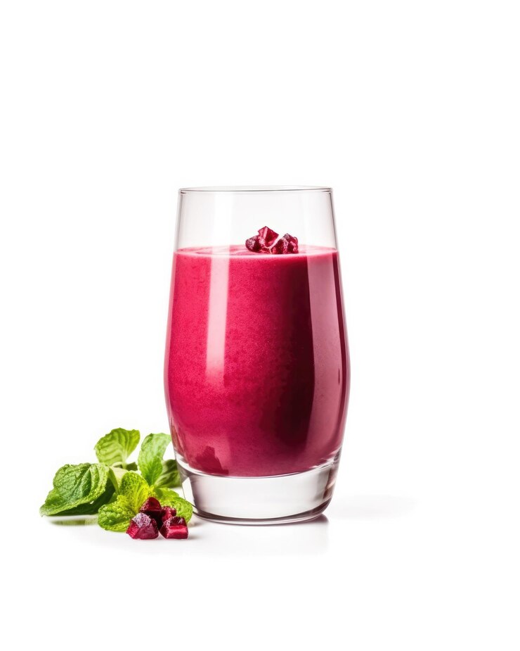 Batido de batido de lassi de remolacha con fruta de remolacha en una foto de estudio de fondo blanco aislado