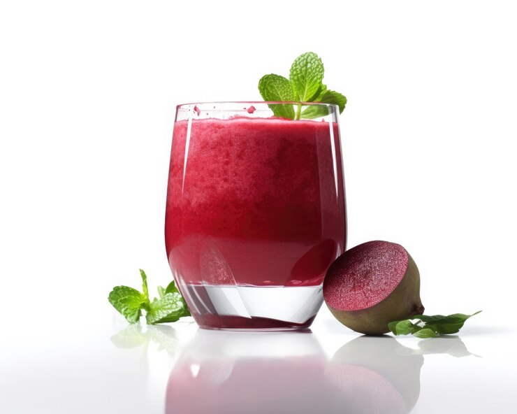 Batido de batido de lassi de remolacha con fruta de remolacha en una foto de estudio de fondo blanco aislado