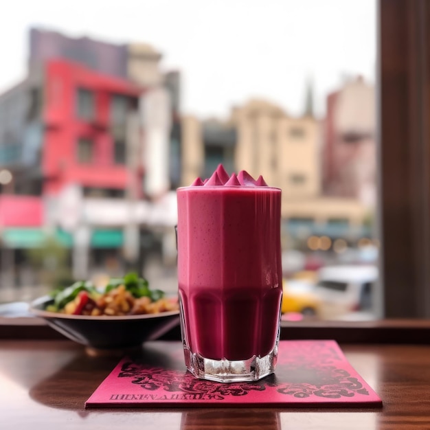 Batido de batido de remolacha lassi con fruta de remolacha en el restaurante de fondo de estudio con jardín