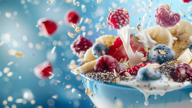 Un batido de bayas hecho de plátanos frambuesas fresas y arándanos flotando en el aire