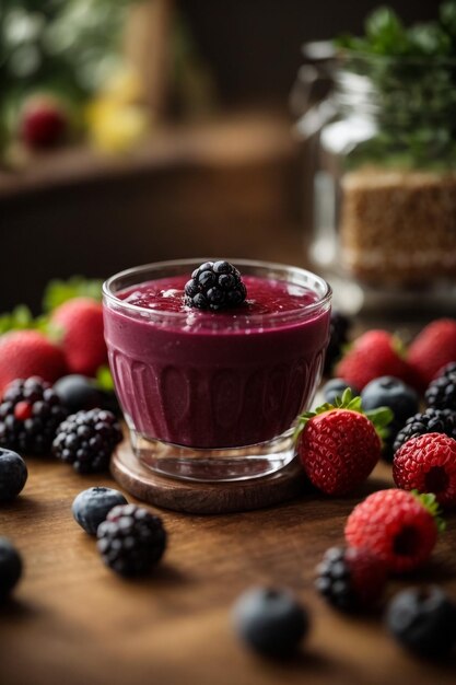 batido de bayas en una mesa de madera