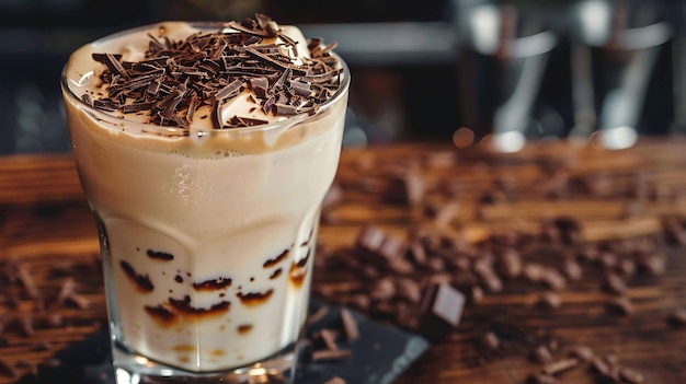 Un batido de chocolate decadente con crema batida y virutas de chocolate