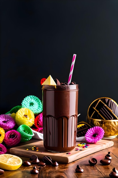 Batido de chocolate helado sobre fondo oscuro