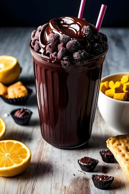 Batido de chocolate helado sobre fondo oscuro