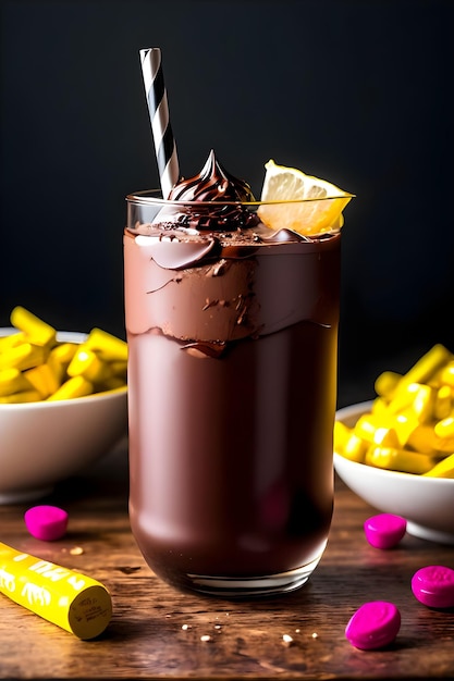 Batido de chocolate helado sobre fondo oscuro