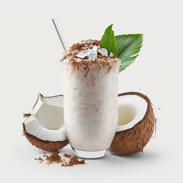 Un batido de coco con pajita y una pajita con hoja verde.