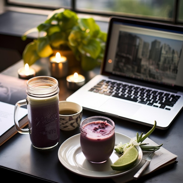 Batido con computadora portátil en la mesa IA generativa