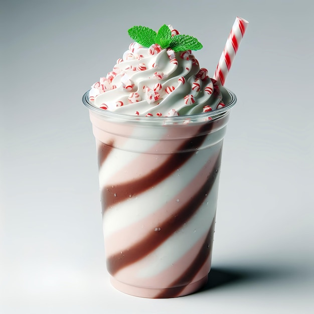 Batido de corteza de menta en vaso de plástico aislado sobre fondo blanco.