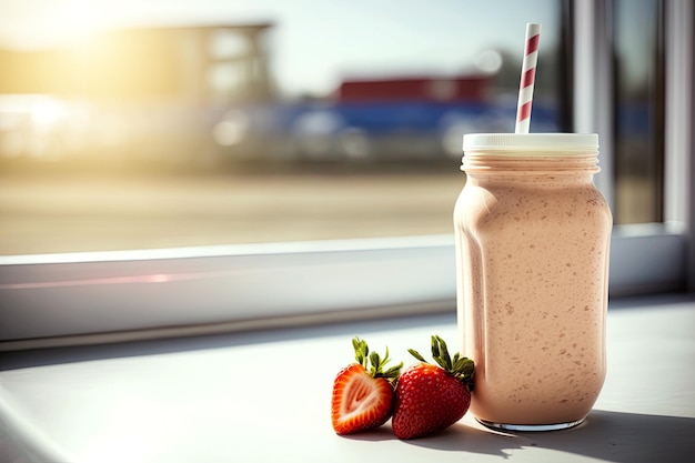 Batido de morango na cafetaria Bebida fresca para levar