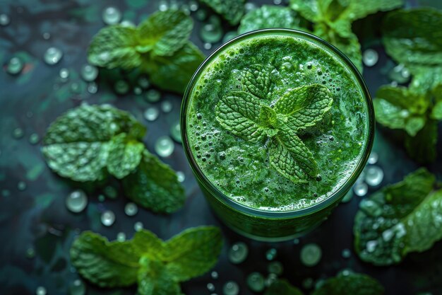 Foto un batido de espirulina verde vibrante vertido en un vaso transparente