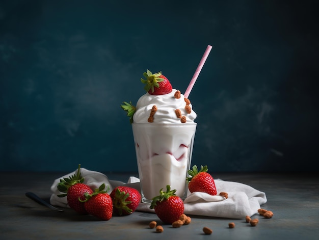 Un batido de fresa con cacahuetes y fresas sobre un fondo oscuro